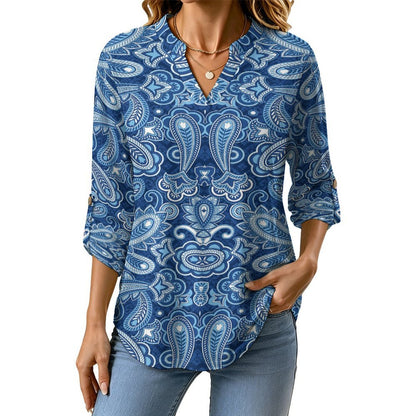 Paisley  Versatile Notched V-Neck Tunic | Roll Tab 3/4 Sleeve Office Casual Top