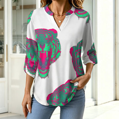 Women's Notched V Neck Tunic Tops, Roll Up 3/4 Sleeve Button Cuff Casual Blouse, Hem Loose Work Shirts  Tiger - Repeat Pattern - Short Skirt