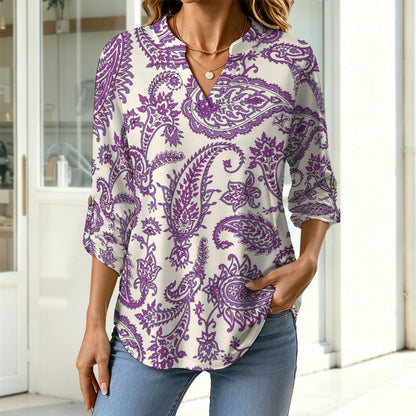 Paisley  Versatile Notched V-Neck Tunic | Roll Tab 3/4 Sleeve Office Casual Top