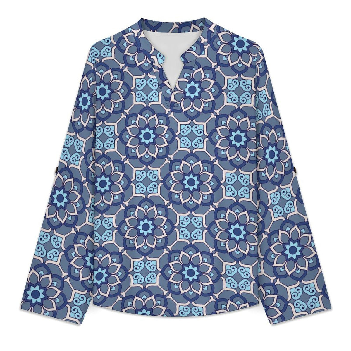 Women Curved Hem V Neck Roll Sleeve Casual Work Top  Batik