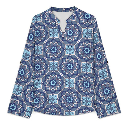 Women Curved Hem V Neck Roll Sleeve Casual Work Top  Batik