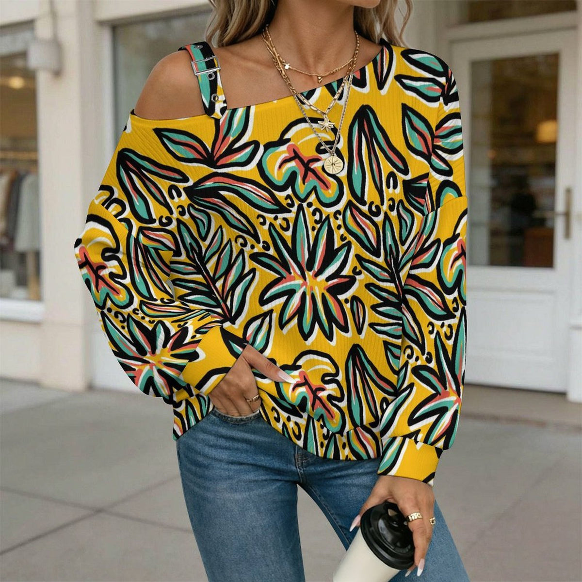 Floral, Repeating Pattern Fall Casual Asymmetric Shoulder Knit Top with Buckle Detail