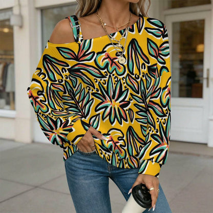 Floral, Repeating Pattern Fall Casual Asymmetric Shoulder Knit Top with Buckle Detail