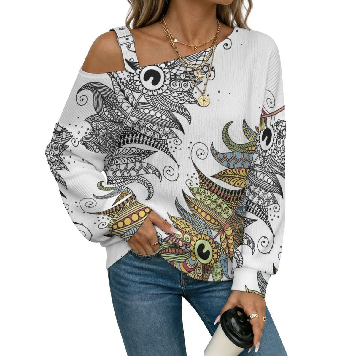 Women’s Off-Shoulder Knit Sweater Feathers