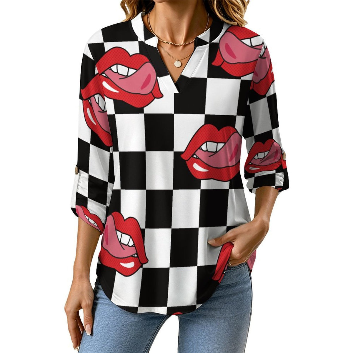 Roll Tab 3/4 Sleeve Notched V Neck Tunic Blouse  Pop Style Red Lips Repeat Pattern Black And White Checkered