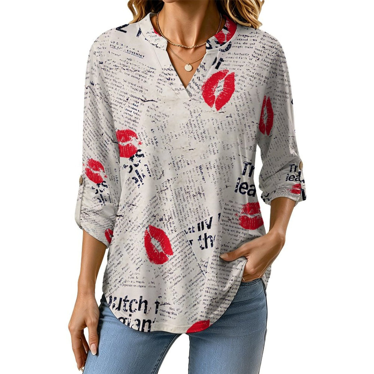 Versatile Notched V-Neck Tunic  Roll Tab 3/4 Sleeve Office Casual Top  Newspaper Red Lip Print Blue Letters