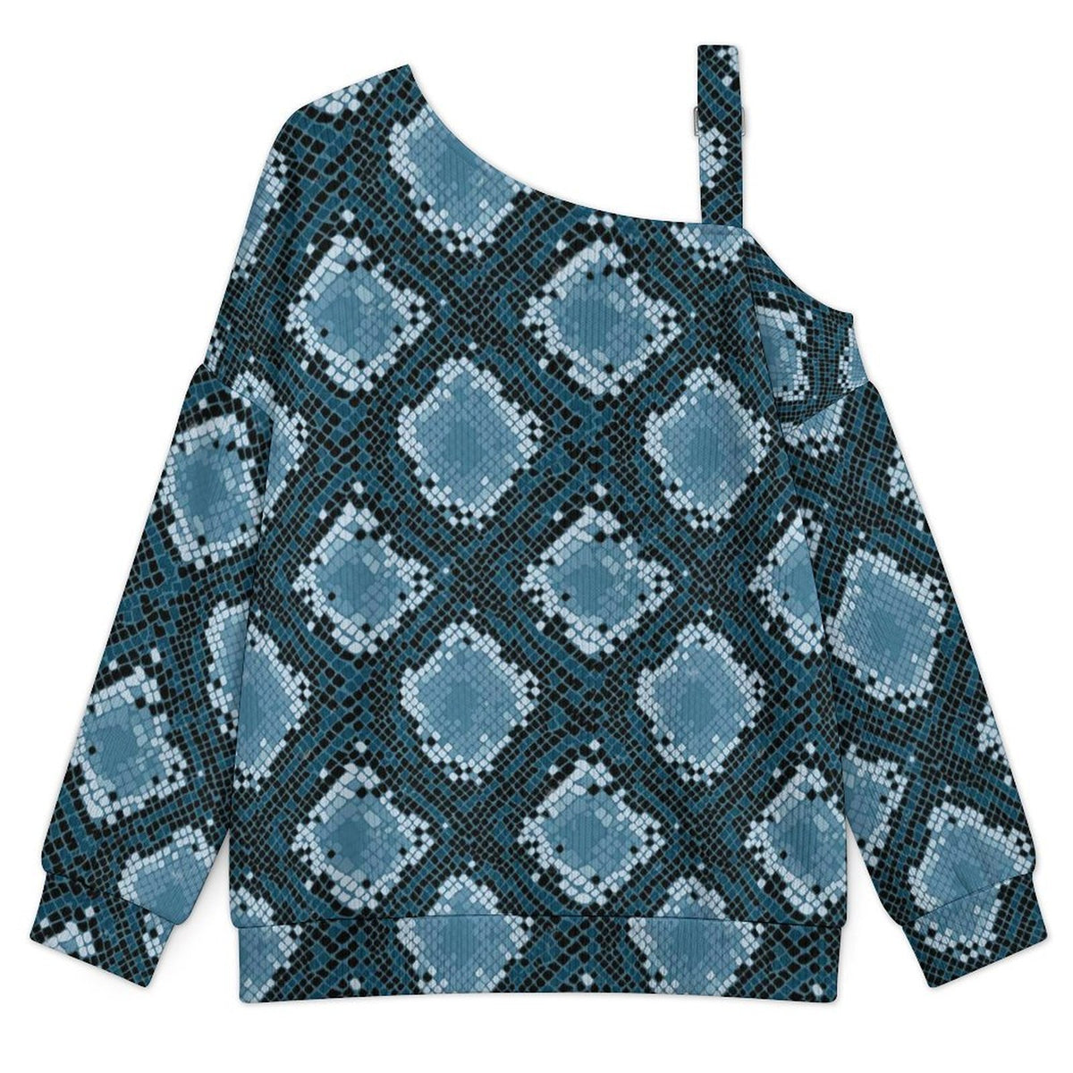 Fall Casual Asymmetric Shoulder Knit Top with Buckle Detail Snakeskin Pattern, Repeating Pattern