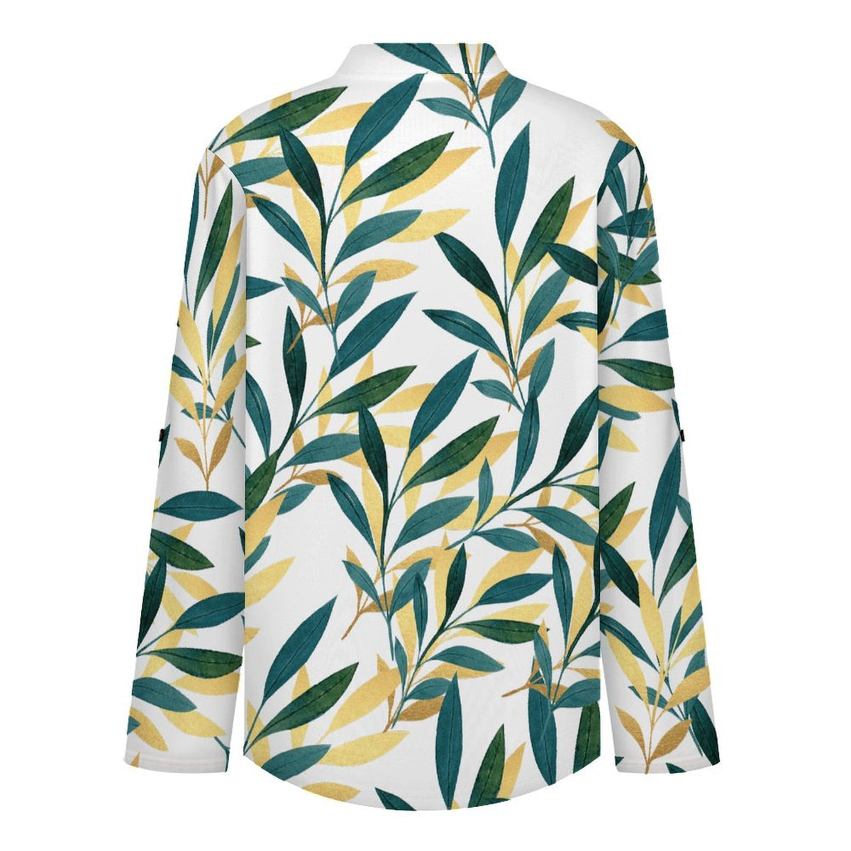 Stand-up Collar Long-sleeved Shirt Leaves, Gold, Repeating Pattern white S Women’s V-Neck Blouses