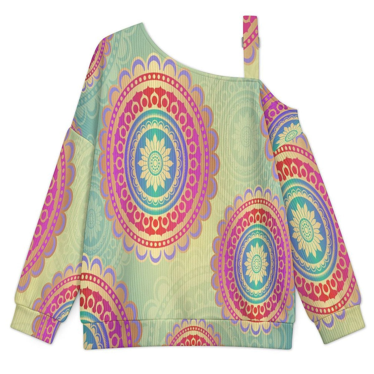 Retro Pattern Buckle Strap Asymmetrical Off Shoulder Knit Sweater