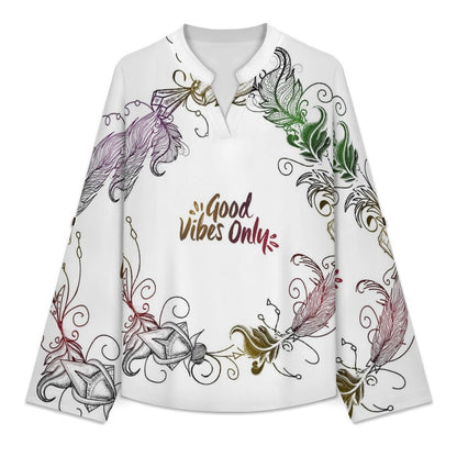 Versatile Notched V-Neck Tunic | Roll Tab 3/4 Sleeve Office Casual Top  Good Vibes Only