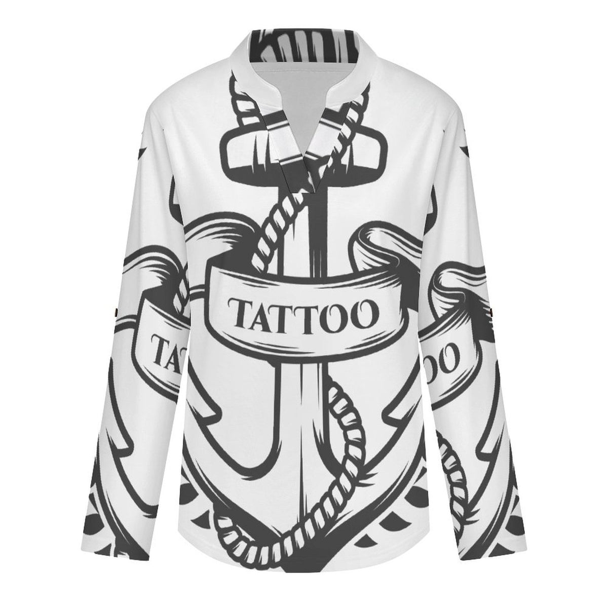 Anchor, T-shirt  Versatile Notched V-Neck Tunic | Roll Tab 3/4 Sleeve Office Casual Top