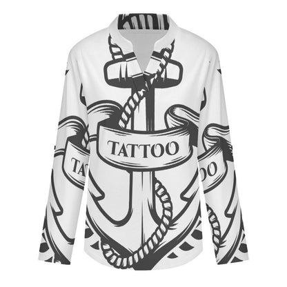 Anchor, T-shirt  Versatile Notched V-Neck Tunic | Roll Tab 3/4 Sleeve Office Casual Top