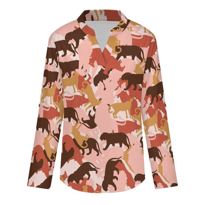 Camouflage, Animal  Versatile Notched V-Neck Tunic | Roll Tab 3/4 Sleeve Office Casual Top