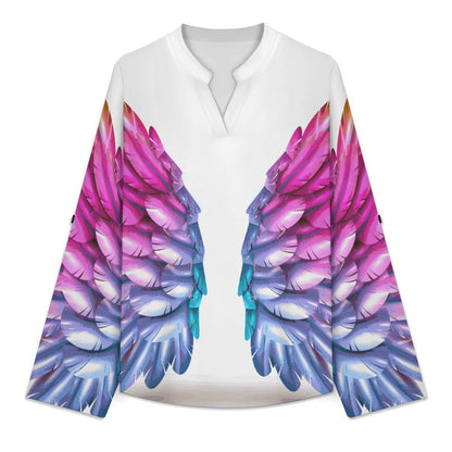 Women's Notched V Neck Tunic Tops, Roll Up 3/4 Sleeve Button Cuff Casual Blouse, Hem Loose Work Shirts Colorful Wings, Dreams