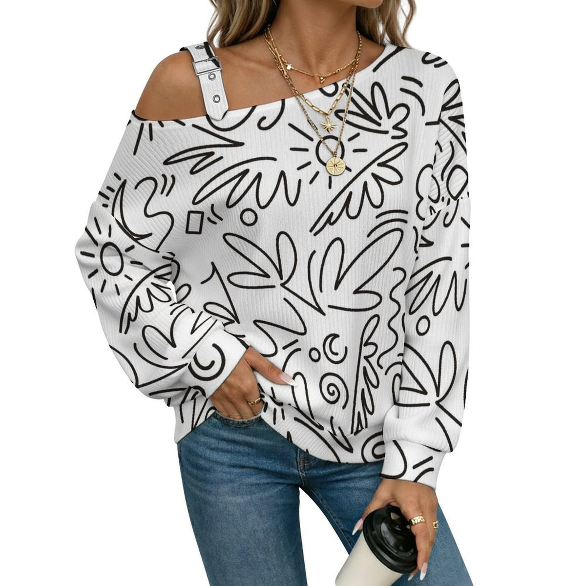 Long Sleeve Relaxed-Fit Solid Pullover Graffit Cute Flower