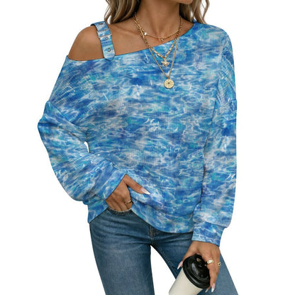 Fall Casual Asymmetric Shoulder Knit Top with Buckle Detail Blue Water Wave Pattern