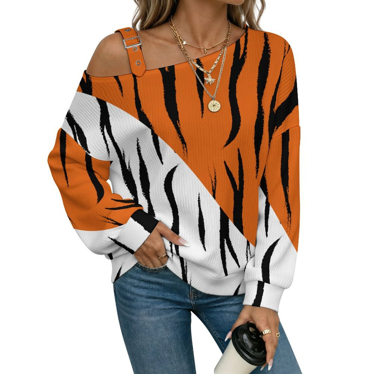 Women’s Off-Shoulder Knit Sweater Two Color, Tiger Background