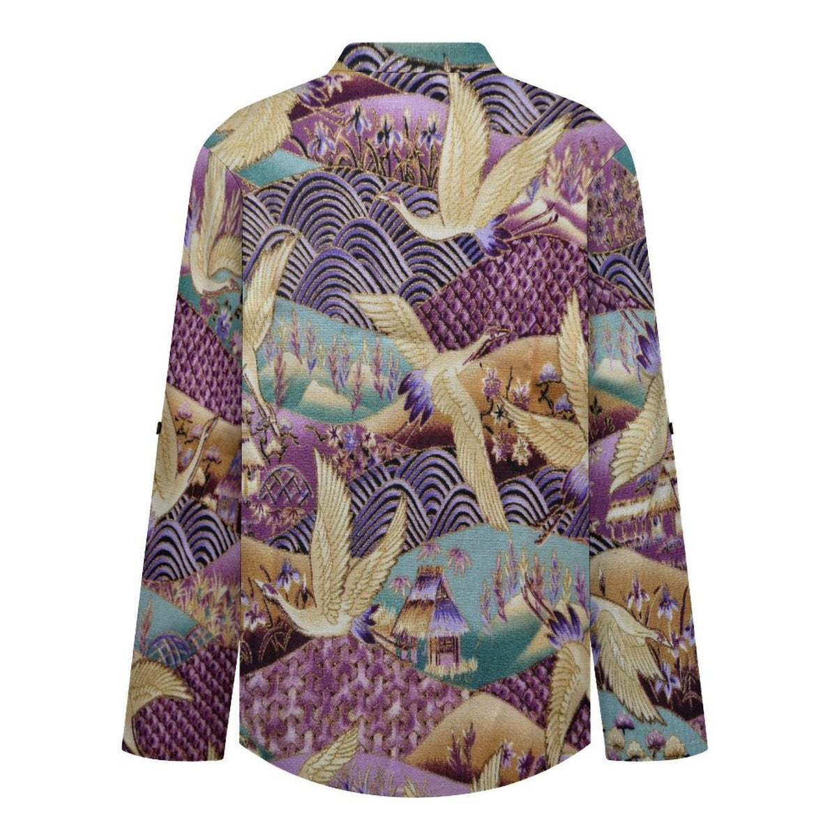 Chinese Style, Embroidery, Egret  Versatile Notched V-Neck Tunic | Roll Tab 3/4 Sleeve Office Casual Top