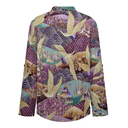 Chinese Style, Embroidery, Egret  Versatile Notched V-Neck Tunic | Roll Tab 3/4 Sleeve Office Casual Top