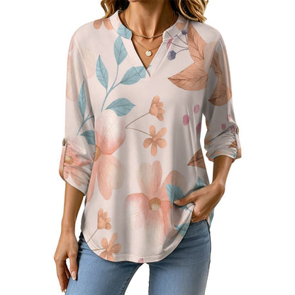 Stand-up Collar Long-sleeved Shirt Pink Flowers, Background white SWomen’s V-Neck Blouses