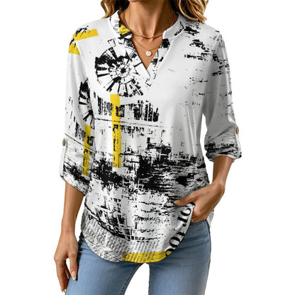 Versatile Notched V-Neck Tunic | Roll Tab 3/4 Sleeve Office Casual Top  Newspaper Girls T-shirt