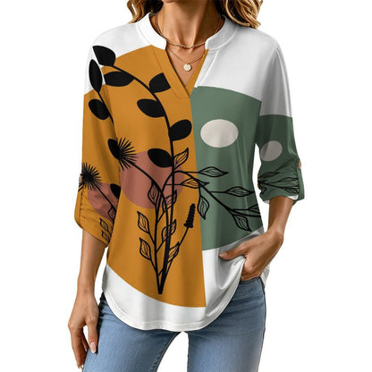 Chinese Wind Scenery  Versatile Notched V-Neck Tunic | Roll Tab 3/4 Sleeve Office Casual Top
