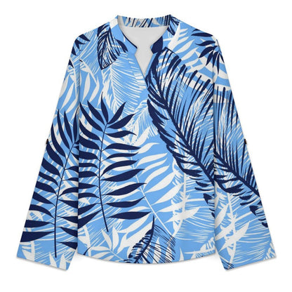 Stand-up Collar Long-sleeved Shirt Summer-flower-blue-yellow-full Print-T-shirt-phone Case white S Women’s V-Neck Blouses