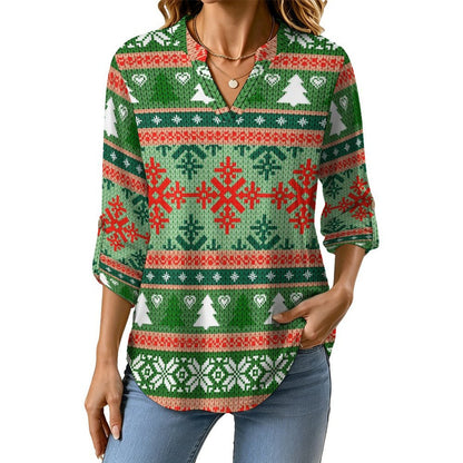 Christmas Texture  Versatile Notched V-Neck Tunic | Roll Tab 3/4 Sleeve Office Casual Top