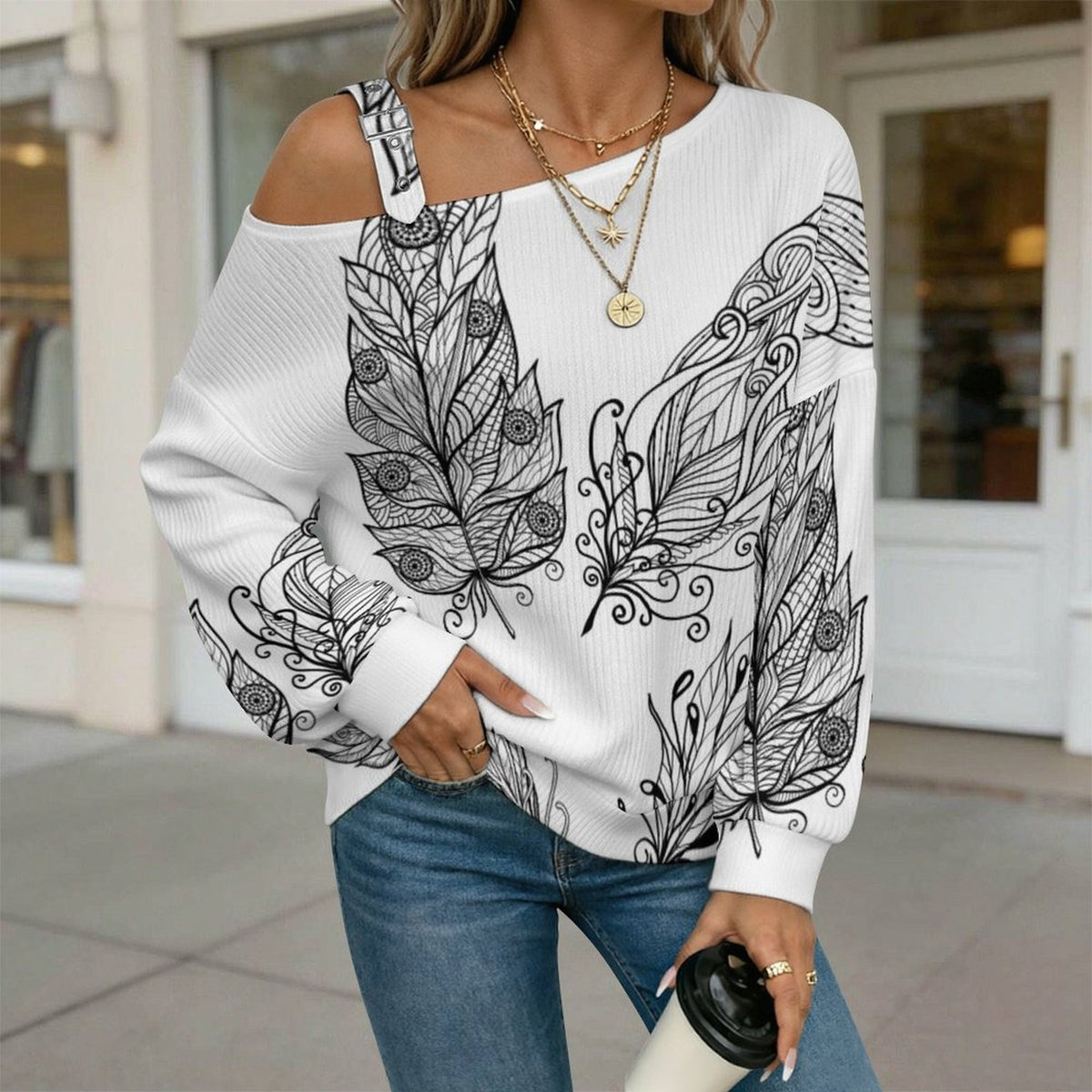 Wing Fall Casual Asymmetric Shoulder Knit Top with Buckle Detail