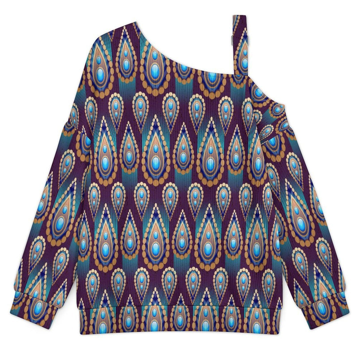 Fall Casual Asymmetric Shoulder Knit Top with Buckle Detail Retro Water Drop Pattern