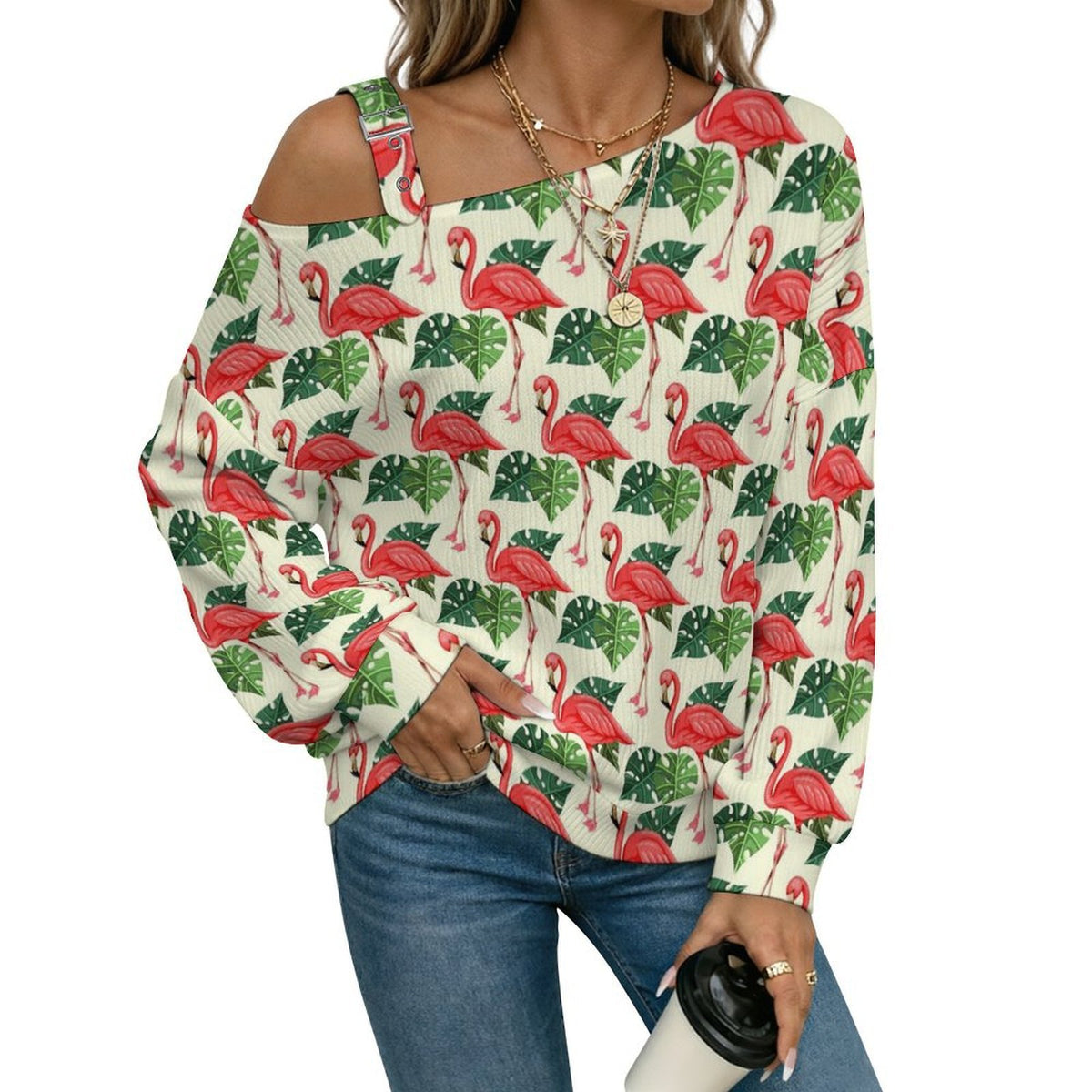 Flamingo, Repeating Pattern Fall Casual Asymmetric Shoulder Knit Top with Buckle Detail