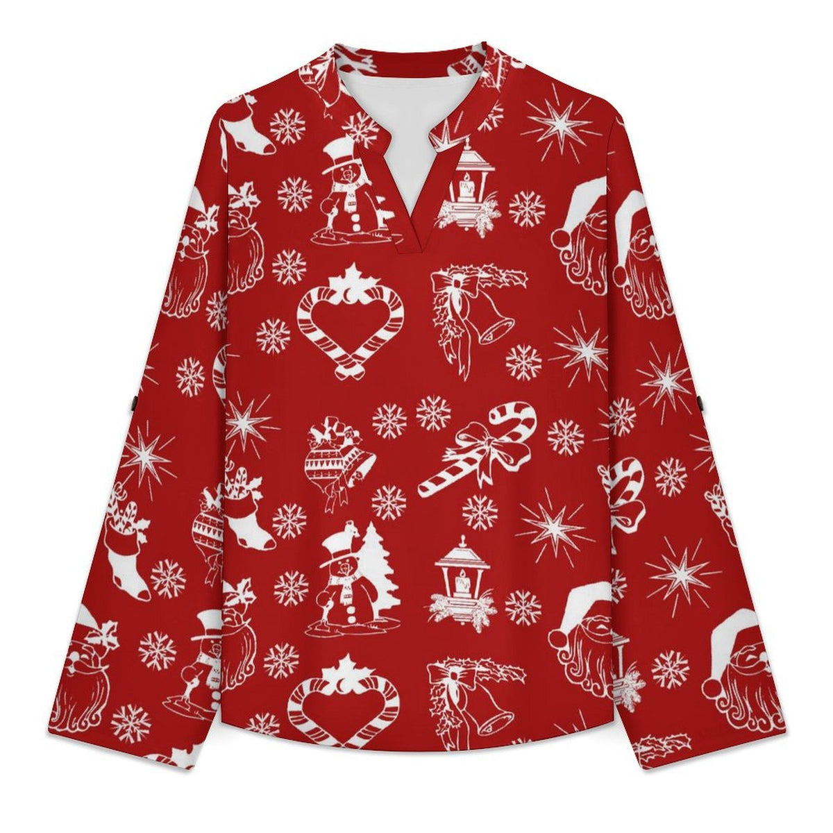 Stand-up Collar Long-sleeved Shirt Red Background, Santa Claus, Christmas white S Women’s V-Neck Blouses