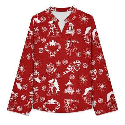 Stand-up Collar Long-sleeved Shirt Red Background, Santa Claus, Christmas white S Women’s V-Neck Blouses