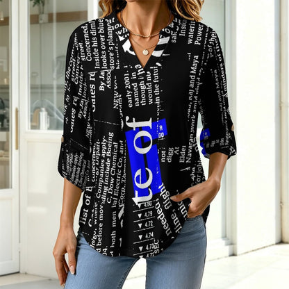 Stand-up Collar Long-sleeved Shirt Newspaper Dress  Customization Women’s V-Neck Blouses,long Sleeve,Roll-Up Sleeve Shirt