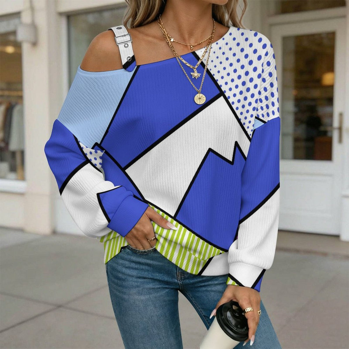 Off-the-shoulder Sweater Tile Pattern-Pop Style-blue-Polka Dot  Asymmetric Cold Shoulder Knit Sweater for Women, Adjustable Buckle Strap Long Sleeve Casual Slouchy Pullover