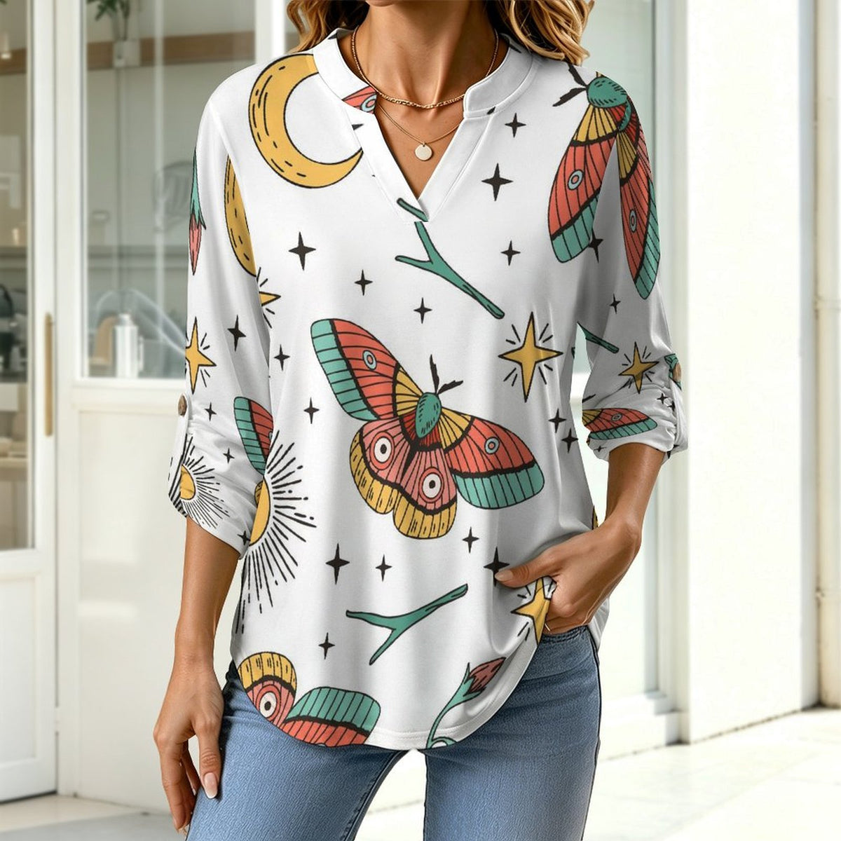 Stand-up Collar Long-sleeved Shirt Color, Butterfly, Pattern  Customization Women’s V-Neck Blouses,long Sleeve,Roll-Up Sleeve Shirt