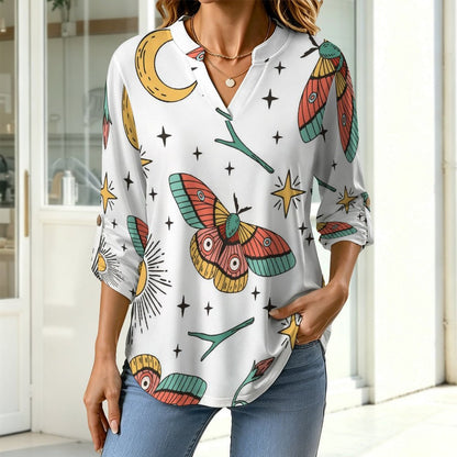 Stand-up Collar Long-sleeved Shirt Color, Butterfly, Pattern  Customization Women’s V-Neck Blouses,long Sleeve,Roll-Up Sleeve Shirt