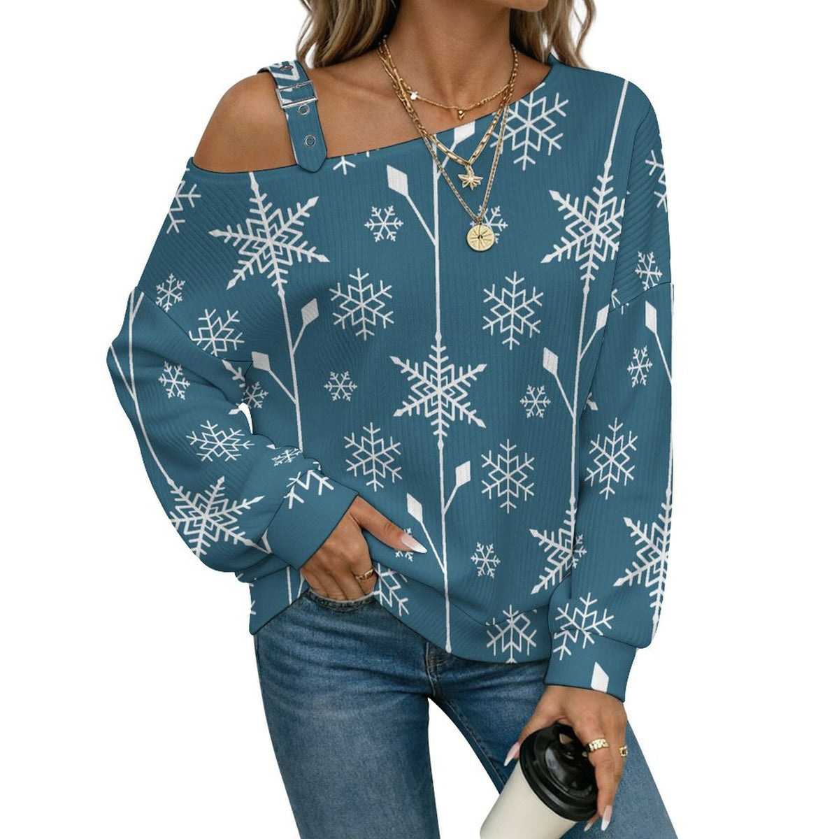 Off-the-shoulder Sweater Snowflake Blue Tile Repeat  Asymmetric Cold Shoulder Knit Sweater for Women, Adjustable Buckle Strap Long Sleeve Casual Slouchy Pullover