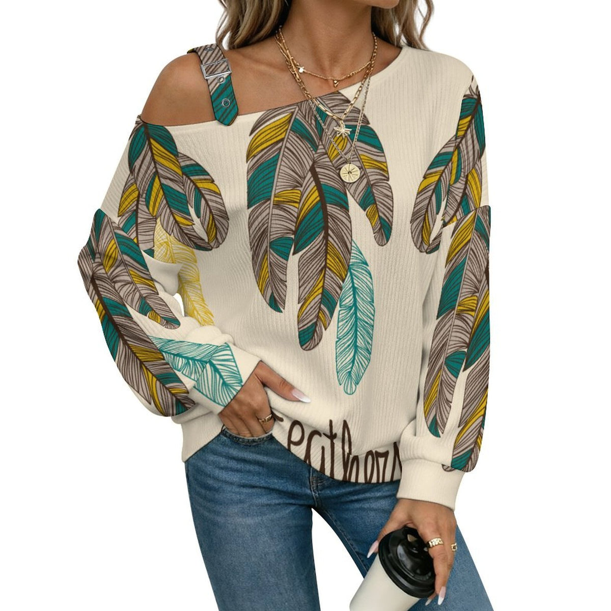 Off-the-shoulder Sweater Feathers  Asymmetric Cold Shoulder Knit Sweater for Women, Adjustable Buckle Strap Long Sleeve Casual Slouchy Pullover