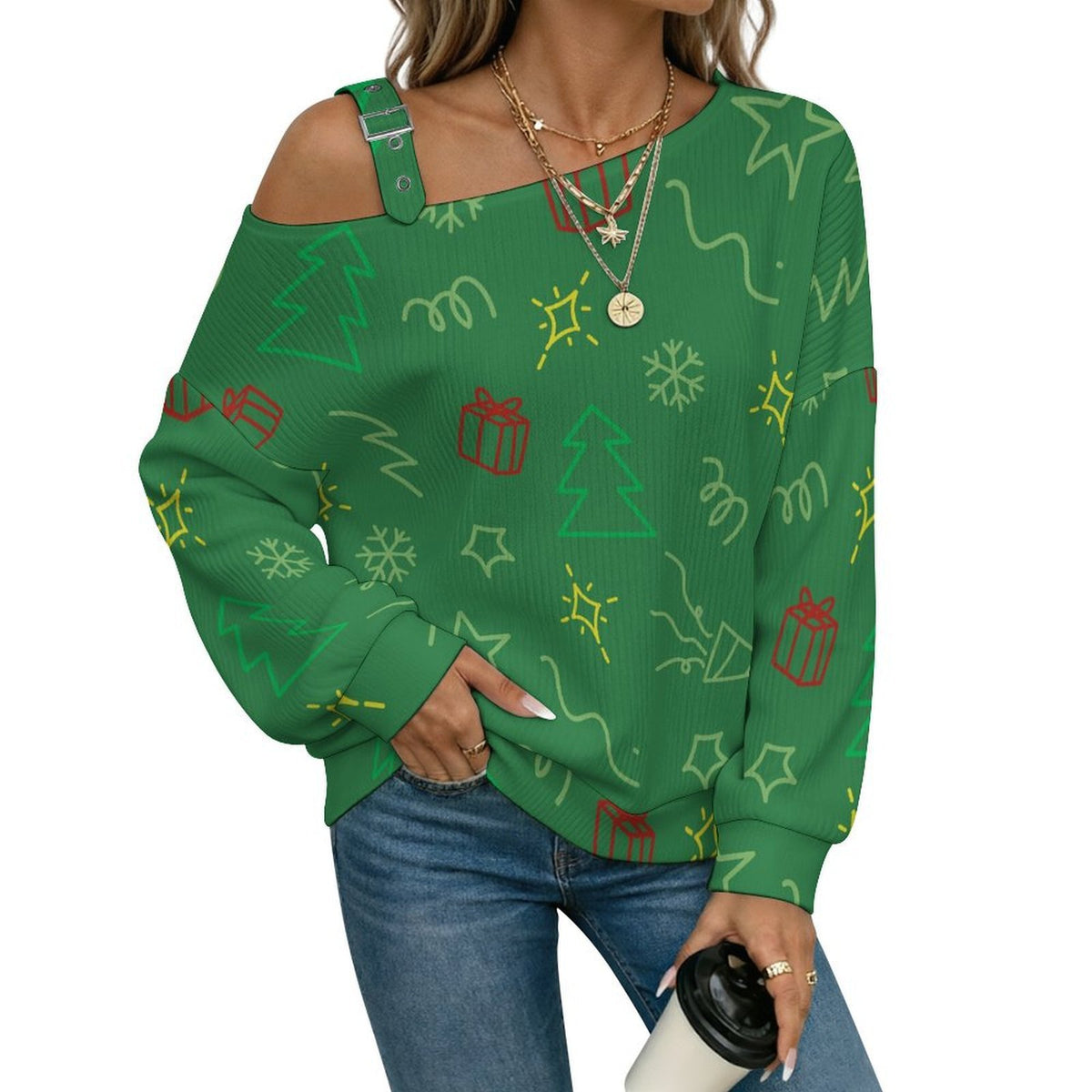 Off-the-shoulder Sweater Christmas Pattern Christmas Tree Green Simple Stroke  Asymmetric Cold Shoulder Knit Sweater for Women, Adjustable Buckle Strap Long Sleeve Casual Slouchy Pullover