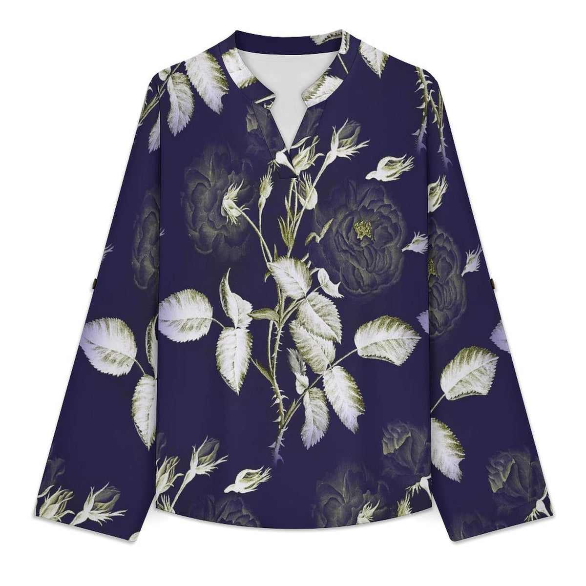 Stand-up Collar Long-sleeved Shirt Purple, Flowers, Patterns  Customization Women’s V-Neck Blouses,long Sleeve,Roll-Up Sleeve Shirt