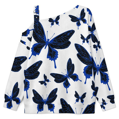 Women’s Off-Shoulder Knit Sweater Butterfly Good Luck Repeat Pattern