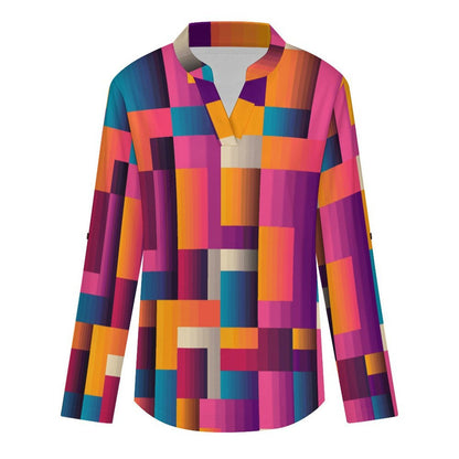 Stand-up Collar Long-sleeved Shirt Colored Checkered Pattern  Customization Women’s V-Neck Blouses,long Sleeve,Roll-Up Sleeve Shirt