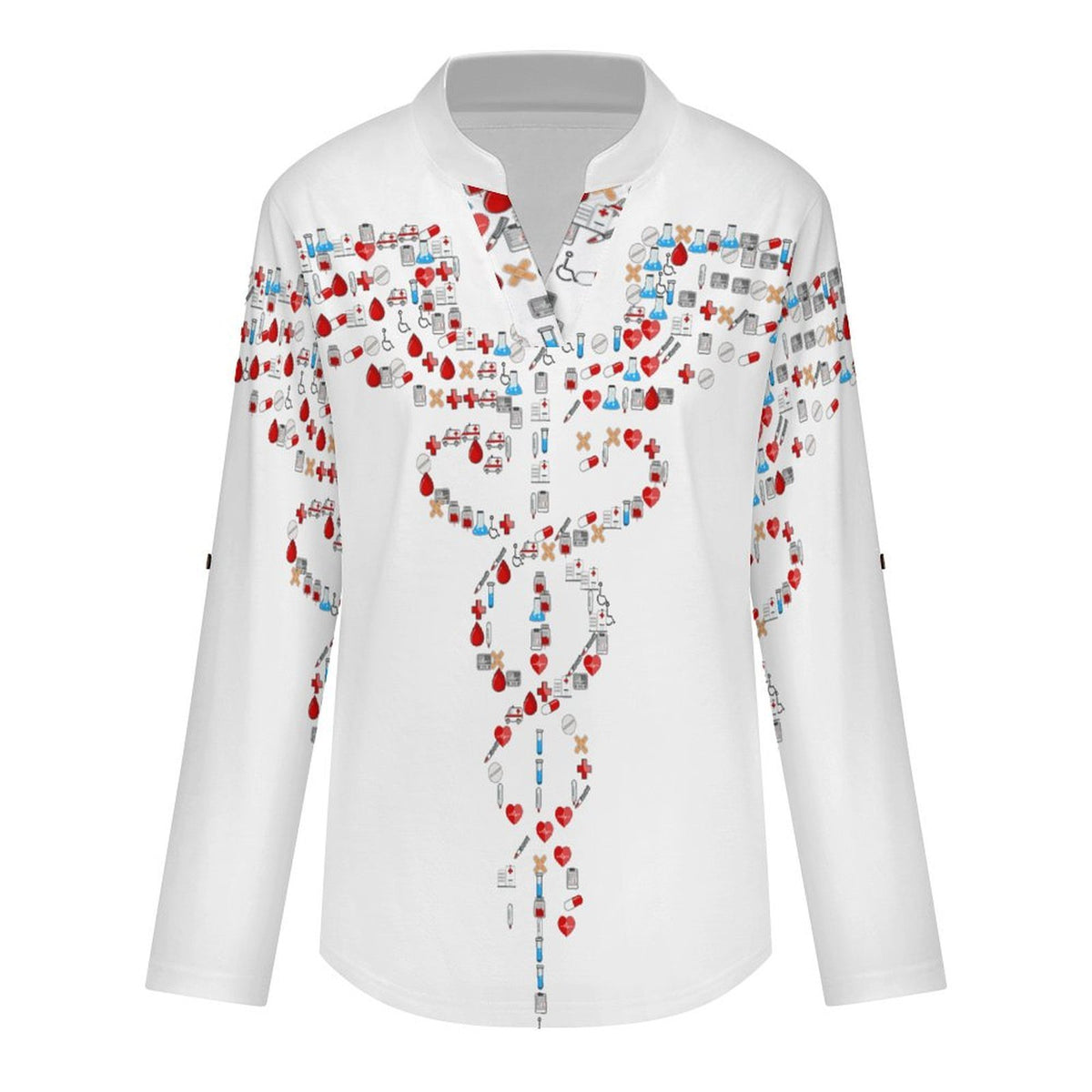 Stand-up Collar Long-sleeved Shirt Graphic Scepter  Customization Women’s V-Neck Blouses,long Sleeve,Roll-Up Sleeve Shirt