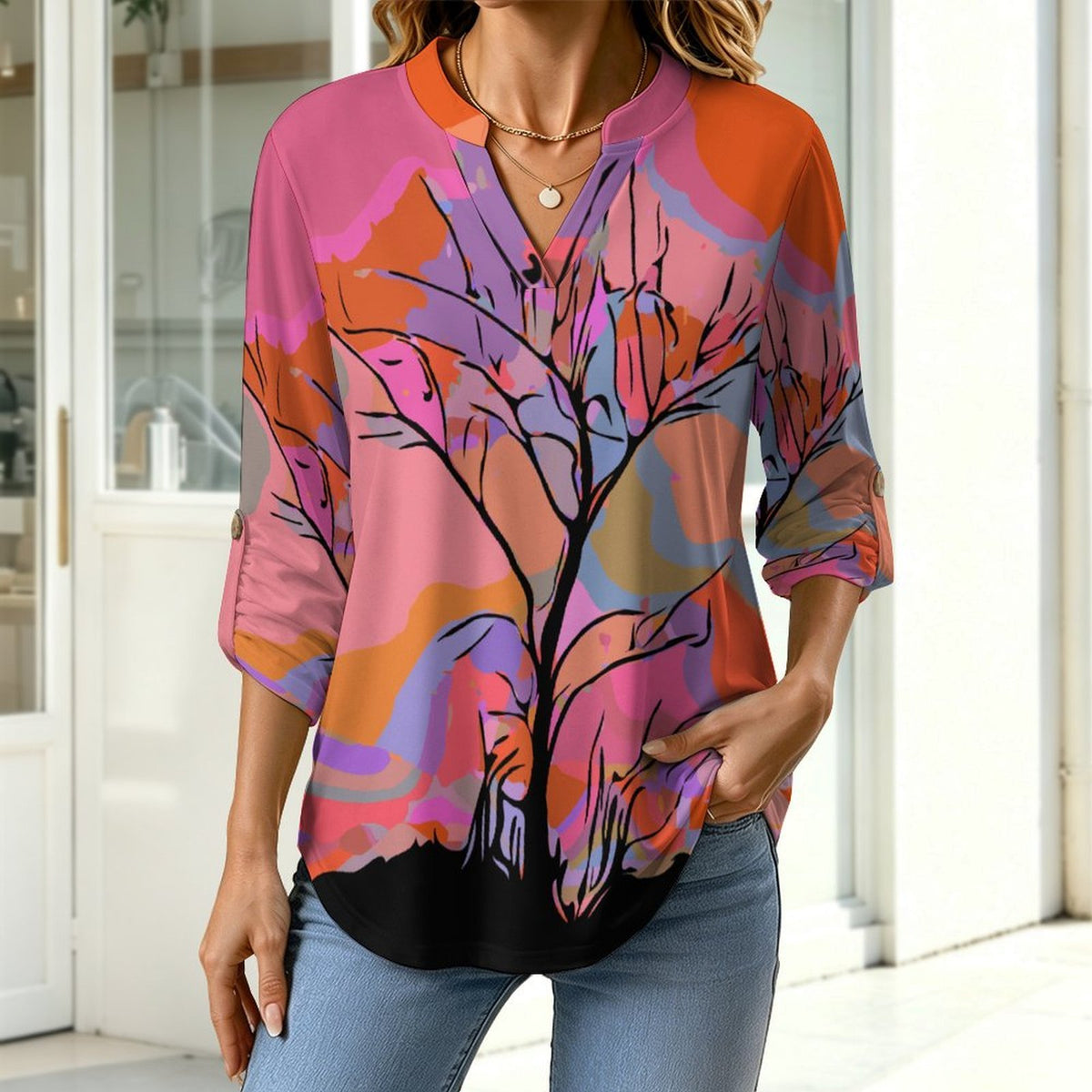 Stand-up Collar Long-sleeved Shirt Dusk, Trees, Nature  Customization Women’s V-Neck Blouses,long Sleeve,Roll-Up Sleeve Shirt