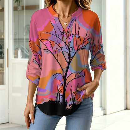 Stand-up Collar Long-sleeved Shirt Dusk, Trees, Nature  Customization Women’s V-Neck Blouses,long Sleeve,Roll-Up Sleeve Shirt