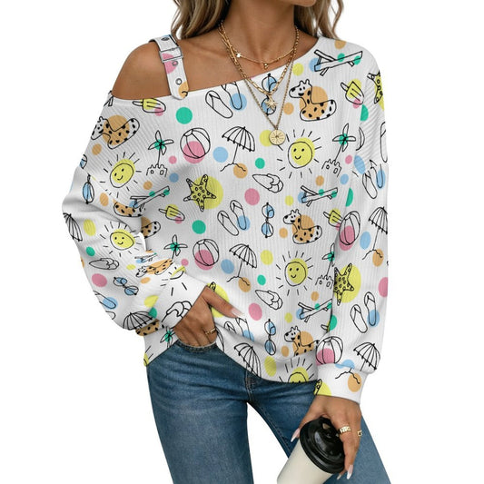 Off-the-shoulder Sweater Summer  Asymmetric Cold Shoulder Knit Sweater for Women, Adjustable Buckle Strap Long Sleeve Casual Slouchy Pullover