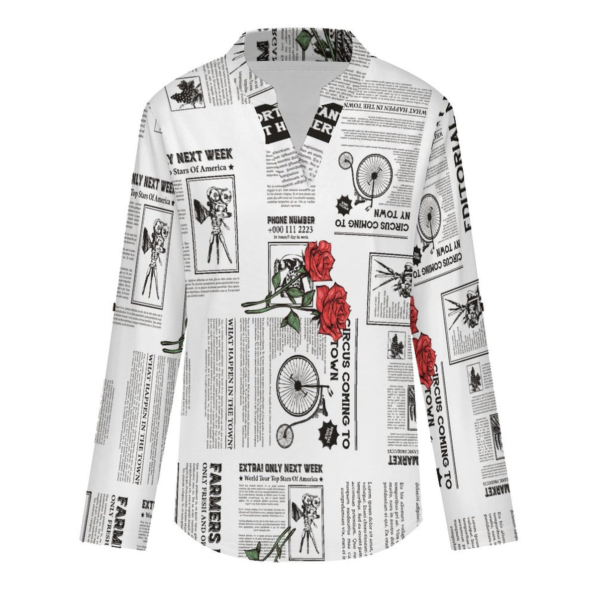 Stand-up Collar Long-sleeved Shirt Newspaper  Red Rose  Customization Women’s V-Neck Blouses,long Sleeve,Roll-Up Sleeve Shirt
