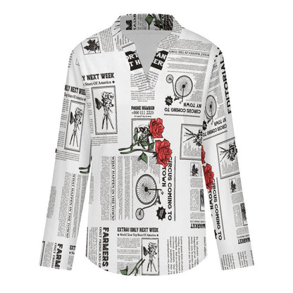 Stand-up Collar Long-sleeved Shirt Newspaper  Red Rose  Customization Women’s V-Neck Blouses,long Sleeve,Roll-Up Sleeve Shirt