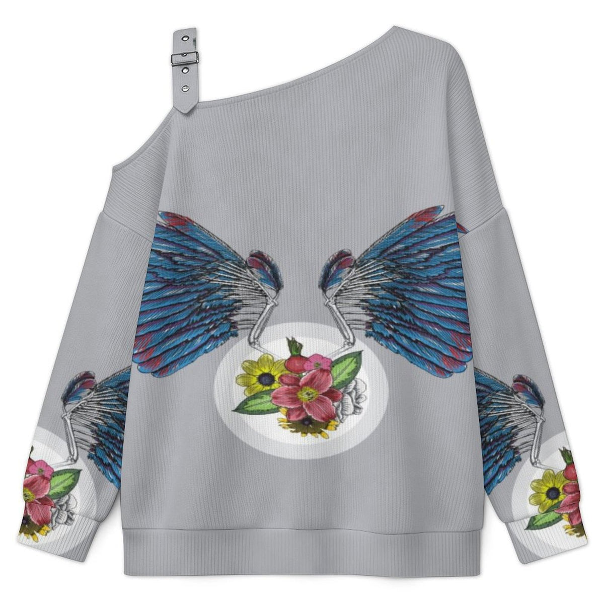 Off-the-shoulder Sweater Wing  Asymmetric Cold Shoulder Knit Sweater for Women, Adjustable Buckle Strap Long Sleeve Casual Slouchy Pullover